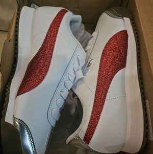 Puma White Sneakers with Red Accents and Silver Heel Tab